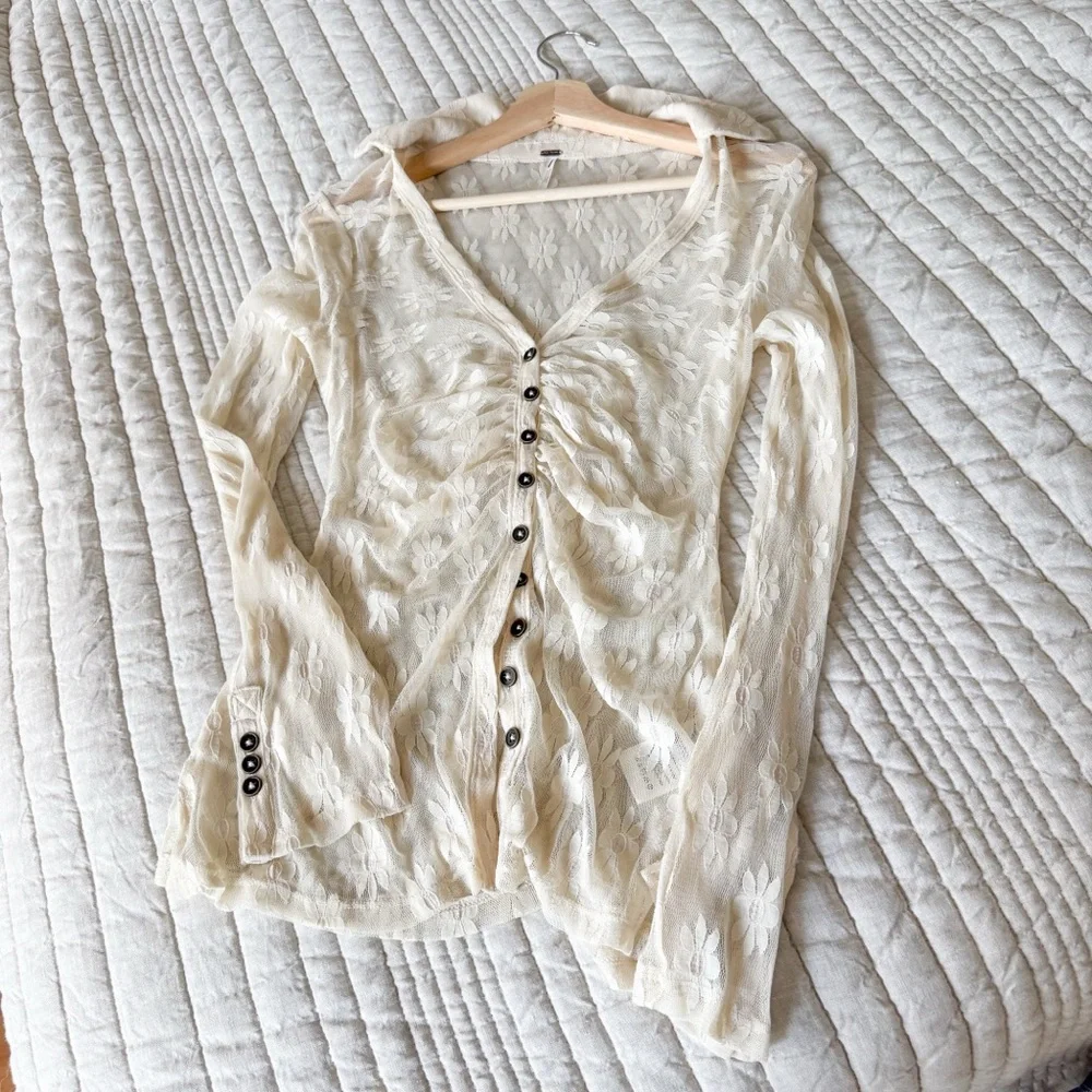 NWOT Free People Floral Sheer Button-Up Blouse - Picture 4 of 5